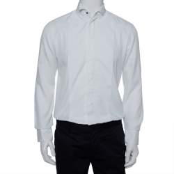 Armani Collezioni White Cotton & Silk Stand Collar Tuxedo Shirt L