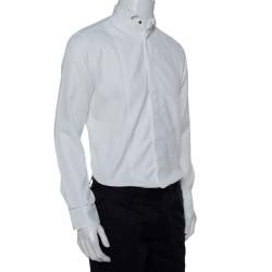 Armani Collezioni White Cotton & Silk Stand Collar Tuxedo Shirt L
