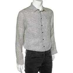 Pre Owned Armani Collezioni White Square Printed Linen Button Front Shirt M