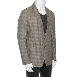 Pre Owned Armani Collezioni Beige Checkered Cotton Single Breasted Blazer L