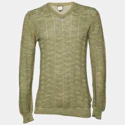 Pre Owned Armani Collezioni Green  Patterned Cotton Knit V-Neck Sweater 3XL