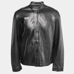 Pre Owned Armani Collezioni Black Leather Zip Front Jacket L