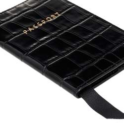 Aspinal Black Croc Embossed Leather Passport Cover 