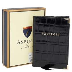 Aspinal Black Croc Embossed Leather Passport Cover 