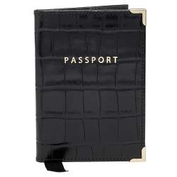 Aspinal Black Croc Embossed Leather Passport Cover 