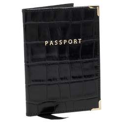 Aspinal Black Croc Embossed Leather Passport Cover 