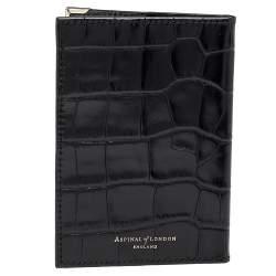 Aspinal Black Croc Embossed Leather Passport Cover 