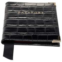 Aspinal Black Croc Embossed Leather Passport Cover 