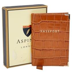 Aspinal Of London Tan Croc Embossed Leather Passport Cover 