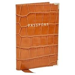 Aspinal Of London Tan Croc Embossed Leather Passport Cover 