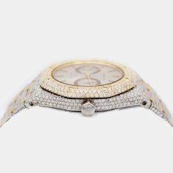 Audemars Piguet Customised Silver Diamond 18k Yellow Gold Stainless Steel Royal Oak 164 Automatic Men's Wristwatch 38 mm