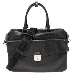 Baldinini Black Woven Embossed Leather Lock Laptop Briefcase 