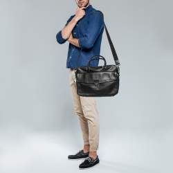 Baldinini Black Woven Embossed Leather Lock Laptop Briefcase 
