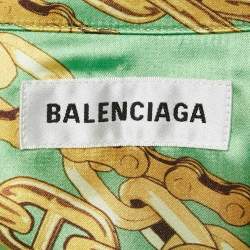 Balenciaga Green Chain Print Satin Short Sleeve Oversized Shirt XS