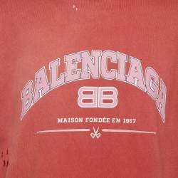 Pre Owned Balenciaga Unisex Red Logo Print Jersey Distressed T-Shirt M