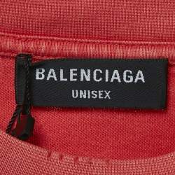 Pre Owned Balenciaga Unisex Red Logo Print Jersey Distressed T-Shirt M