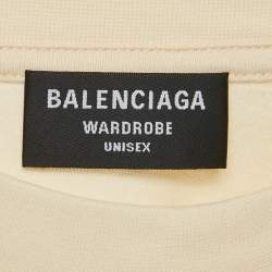 مملوكة مسبقًا تي شيرت بالنسياغا قطن محبوك بشعار مطرز لون كريمي كبير جدًا مقاس صغير (سمول)