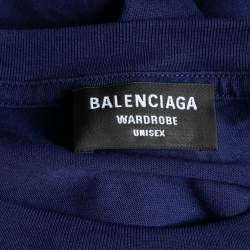 Pre Owned Balenciaga Blue Cotton Logo Embroidered Crew Neck T-Shirt S