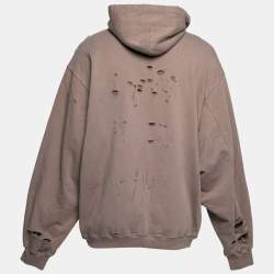 Pre Owned Balenciaga Brown Logo Printed Distressed Cotton Oversized Hoodie M