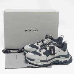 Pre Owned Balenciaga Grey/Blue Faux Leather and Mesh Triple S Sneakers Size 43