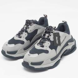 Pre Owned Balenciaga Grey/Blue Faux Leather and Mesh Triple S Sneakers Size 43
