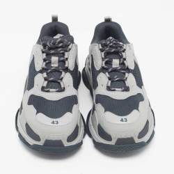 Pre Owned Balenciaga Grey/Blue Faux Leather and Mesh Triple S Sneakers Size 43