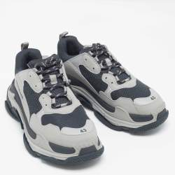Pre Owned Balenciaga Grey/Blue Faux Leather and Mesh Triple S Sneakers Size 43