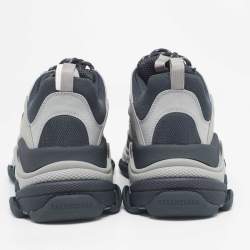 Pre Owned Balenciaga Grey/Blue Faux Leather and Mesh Triple S Sneakers Size 43