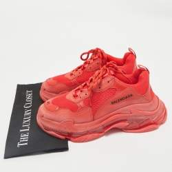 Pre Owned Balenciaga Red Leather and Mesh Triple S Clear Sole Sneakers Size 41