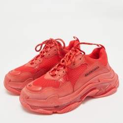 Pre Owned Balenciaga Red Leather and Mesh Triple S Clear Sole Sneakers Size 41