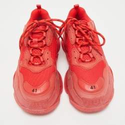 Pre Owned Balenciaga Red Leather and Mesh Triple S Clear Sole Sneakers Size 41