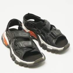 Pre Owned Balenciaga Black Faux Leather and Rubber Track Flat Sandals Size 39