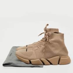 Pre Owned Balenciaga Beige Knit Fabric Speed 2.0 Lace Up High Top Sneakers Size 45
