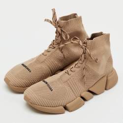 Pre Owned Balenciaga Beige Knit Fabric Speed 2.0 Lace Up High Top Sneakers Size 45