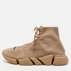 Pre Owned Balenciaga Beige Knit Fabric Speed 2.0 Lace Up High Top Sneakers Size 45
