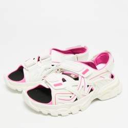 Pre Owned Balenciaga Track Size 38 White/Pink Faux Leather and Rubber Flat Sandals