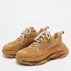 Pre Owned Balenciaga Triple S Size 42 Brown Faux Leather and Mesh Lace Up Sneakers
