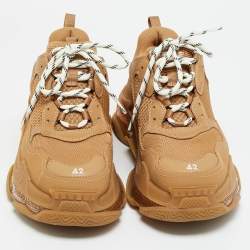 Pre Owned Balenciaga Triple S Size 42 Brown Faux Leather and Mesh Lace Up Sneakers