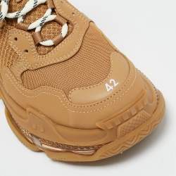 Pre Owned Balenciaga Triple S Size 42 Brown Faux Leather and Mesh Lace Up Sneakers