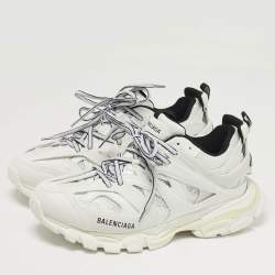 مملوكة مسبقًا حذاء رياضي بالنسياغا تراك منخفض من أعلى جلد صناعي وشبك أبيض/ برتقالي مقاس 40