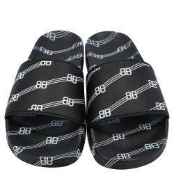 Pre Owned Balenciaga Black Logo Pool Slides Size EU 42