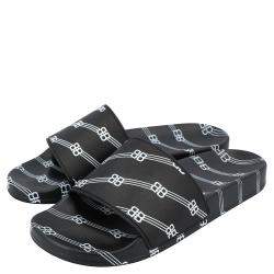 Pre Owned Balenciaga Black Logo Pool Slides Size EU 42