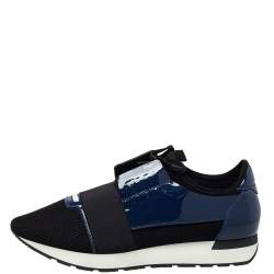 مملوكة مسبقًا Balenciaga Black/Blue Patent Leather And Mesh Race Runner Lace Up Sneakers Size 43