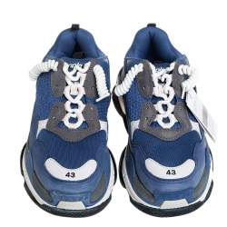 Pre Owned حذاء رياضي بالنسياغا تريبل إس جلد وشبكة أبيض/أزرق بعنق منخفض مقاس 43