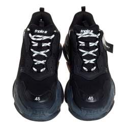 Pre Owned Balenciaga Black Mesh And Leather Triple S Sneakers Size 45