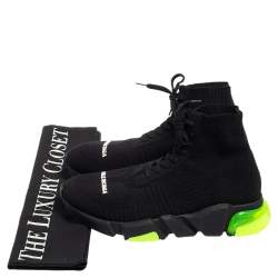Pre Owned Balenciaga Black/Green Knit Fabric Speed Trainers 2.0 Lace Sneakers Size 40