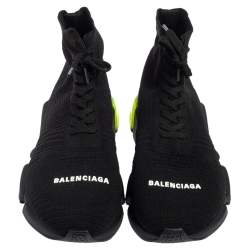 Pre Owned Balenciaga Black/Green Knit Fabric Speed Trainers 2.0 Lace Sneakers Size 40