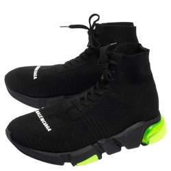 Pre Owned Balenciaga Black/Green Knit Fabric Speed Trainers 2.0 Lace Sneakers Size 40