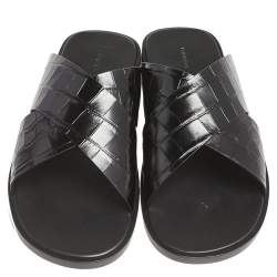 Balenciaga Black Croc Embossed Leather Cosy Crisscross Flat Slides Size 45