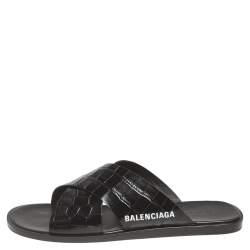 Balenciaga Black Croc Embossed Leather Cosy Crisscross Flat Slides Size 45